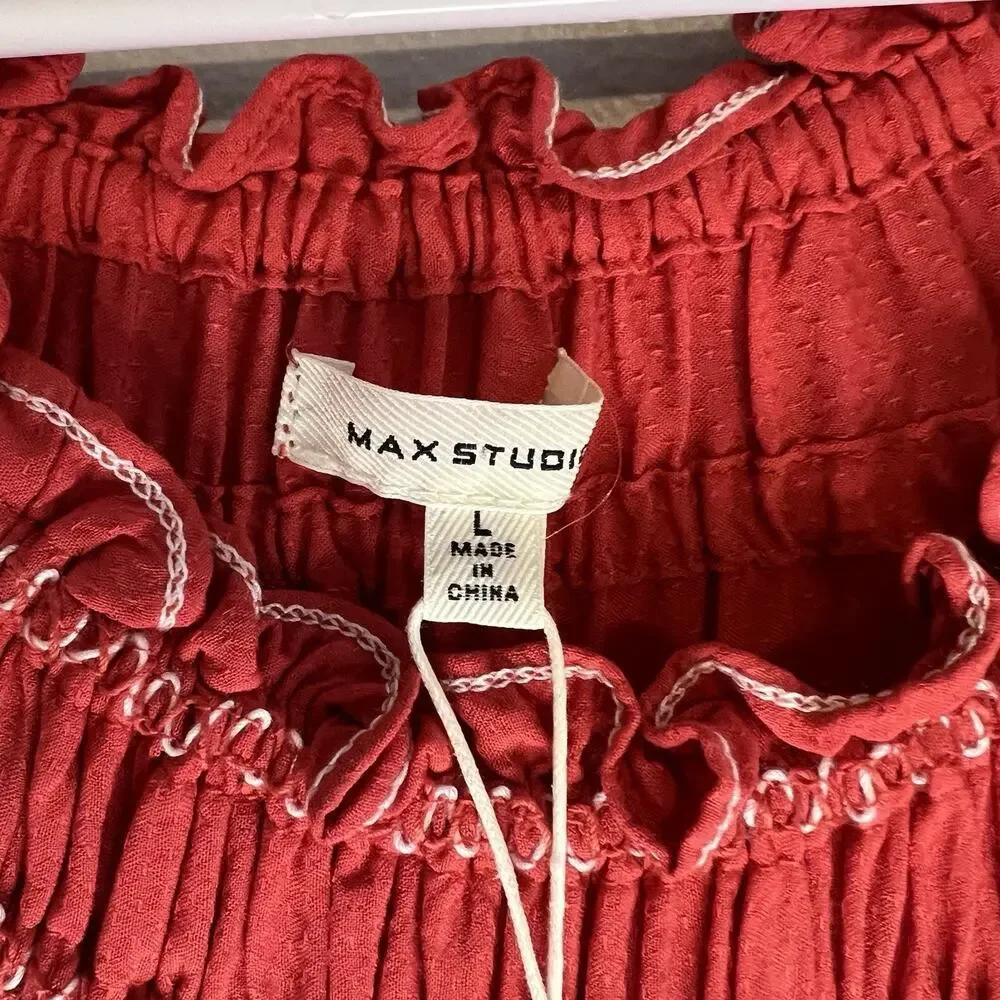 NWT Max Studio Red Mini Dress Sz L College Sundress Vacation Embroidered Ruffle - Picture 7 of 14